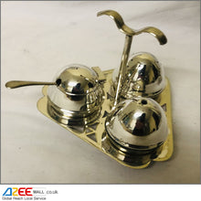 Load image into Gallery viewer, Silver plated salt and pepper shakers with mustard pot, spoon and stand - AZeeMall