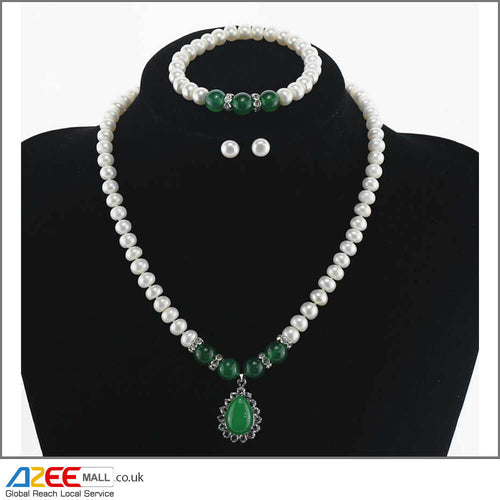 Natural Freshwater Pearl, Green Stone Jewellery Set - AZeeMall