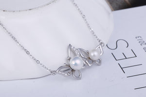 Double Butterfly Silver Freshwater Pearl Pendant Jewellery with Chain - AZeeMall