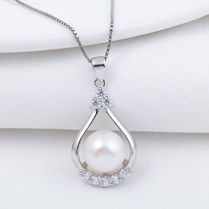 Modern Big Clover Drop Shape  Silver Pearl Pendant with Chain - AZeeMall