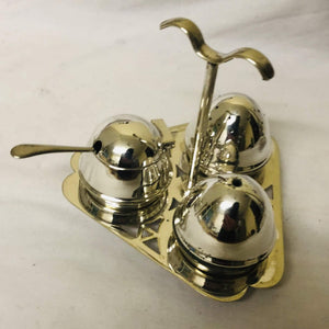 Silver plated salt and pepper shakers with mustard pot, spoon and stand - AZeeMall
