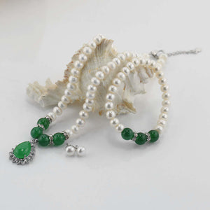 Natural Freshwater Pearl, Green Stone Jewellery Set - AZeeMall