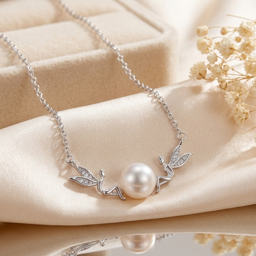 925 Sterling Silver Elf Girl Jewellery Pearl Necklace with Chain
