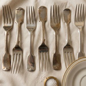 Antique Set of 5+2 Quality Silver Plated Fiddle Pattern Dessert Forks - D&A + EP B
