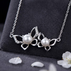 Double Butterfly Silver Freshwater Pearl Pendant Jewellery with Chain