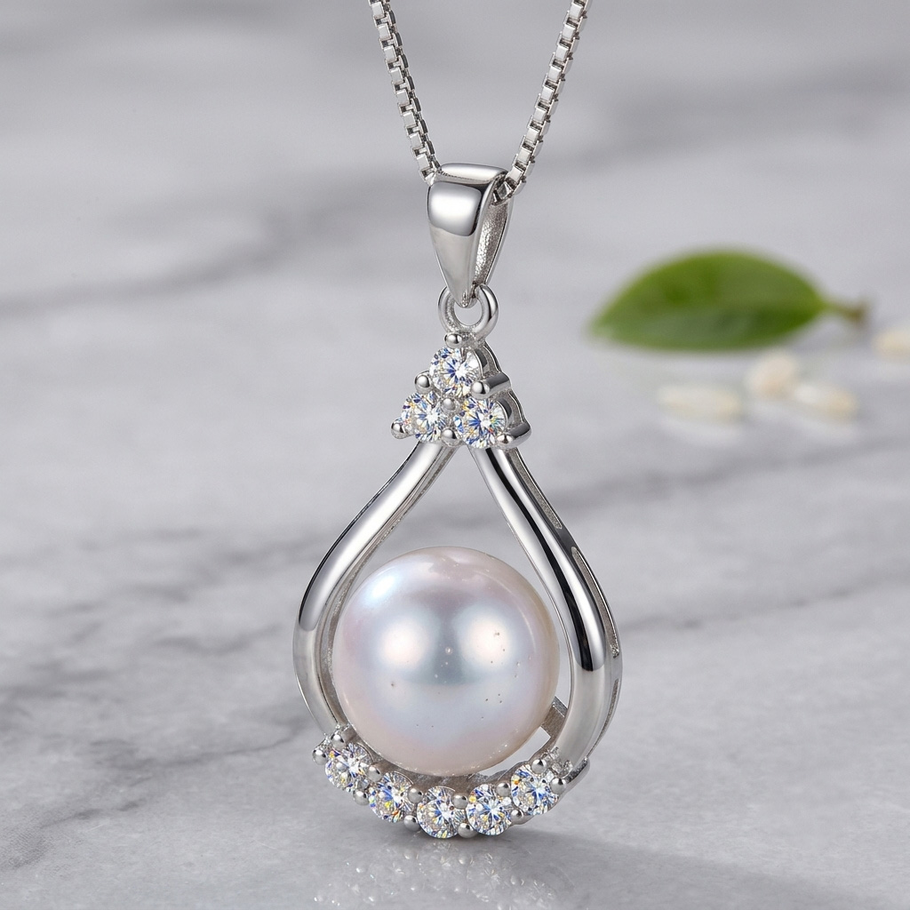 Modern Big Clover Drop Shape Silver Pearl Pendant with Chain