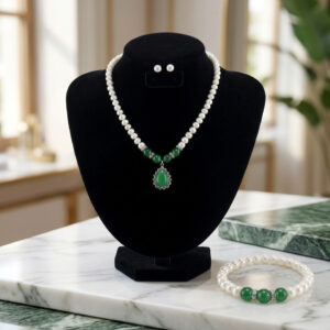 Natural Freshwater Pearl, Green Stone Jewellery Set